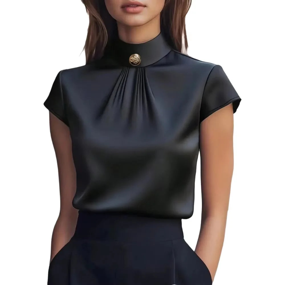 Satin Éclat™ High Neck Short Sleeve Blouse