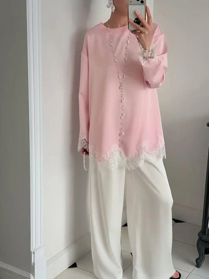 Amoura Dresses™ Satin Dress Long Sleeve O-Neck