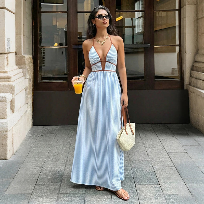 Amoura Dresses™ Deep V-Neck Striped Beach Dress