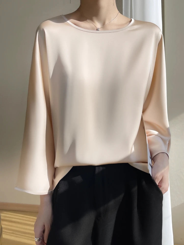Satin Éclat™ Elegant O-Neck Blouse 3/4 Sleeve