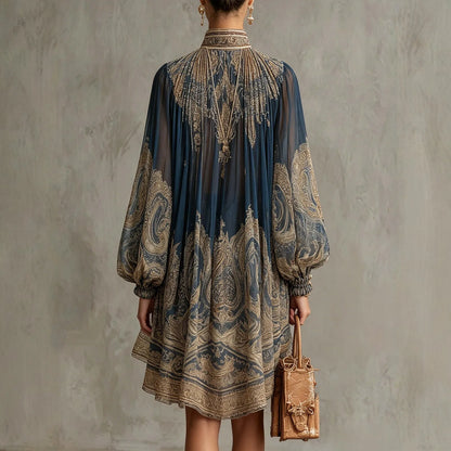 Amoura Dresses™ Turtleneck Printed Chiffon Boho Dress