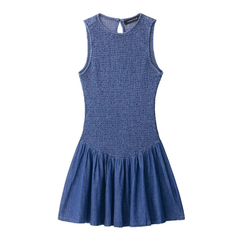 Amoura Dresses™ Denim Style Round Neck Short Dress