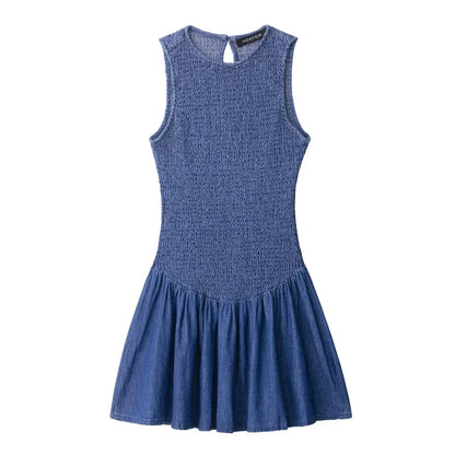 Amoura Dresses™ Denim Style Round Neck Short Dress