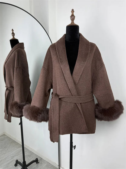 Lunara Winter™ Fox Fur Wool Overcoat for Women