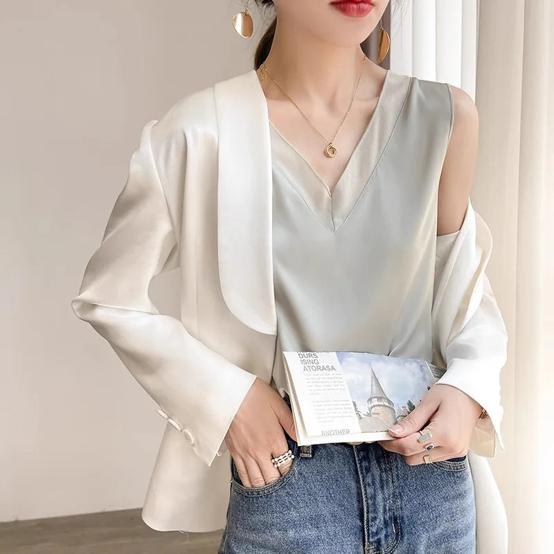 Satin Éclat™ Silk Halter V-Neck Blouse