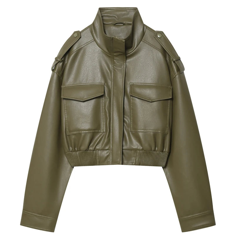 Lunara Winter™ Olive Green Cropped Leather Jacket