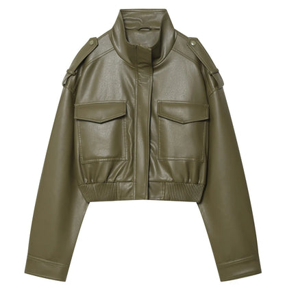 Lunara Winter™ Olive Green Cropped Leather Jacket