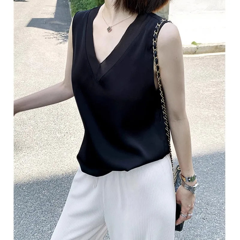Satin Éclat™ Silk Halter V-Neck Blouse