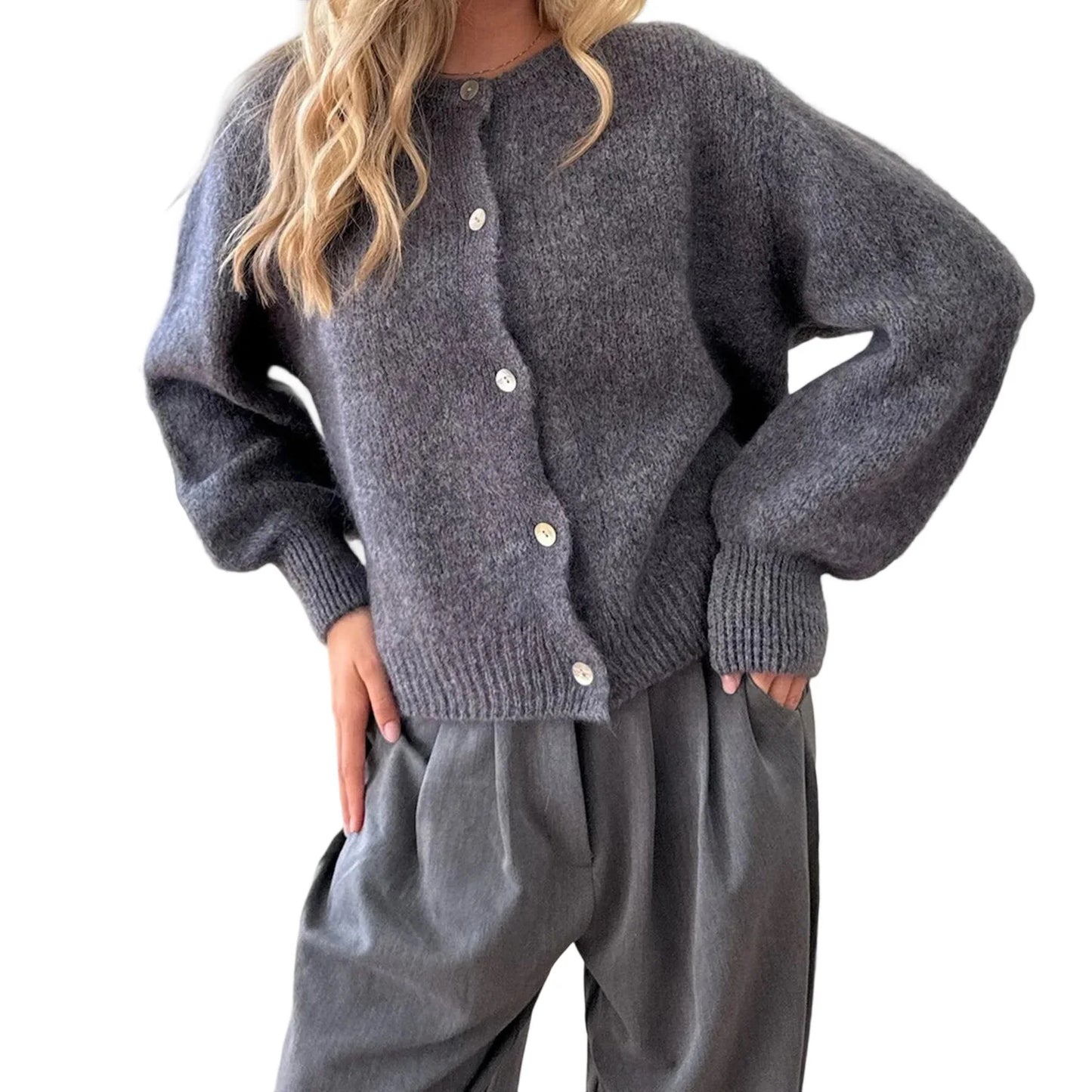 Pull en tricot boutonné à col rond vintage Lunara Winter™