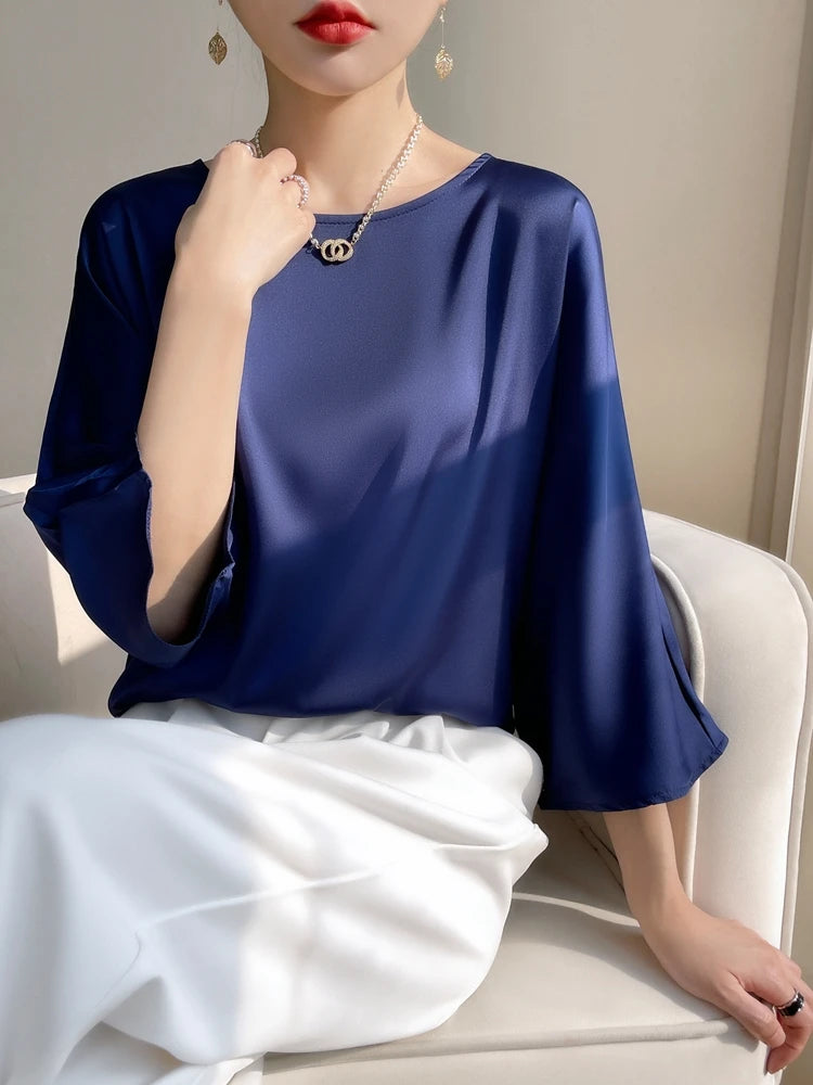 Satin Éclat™ Elegant O-Neck Blouse 3/4 Sleeve