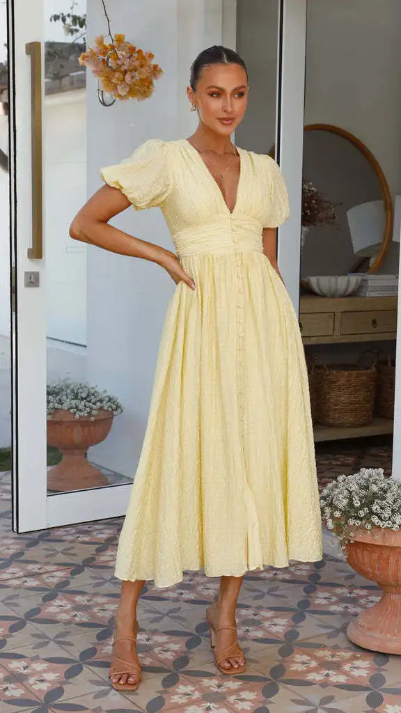 Amoura Dresses™ Solid V Neck Fresh Dress