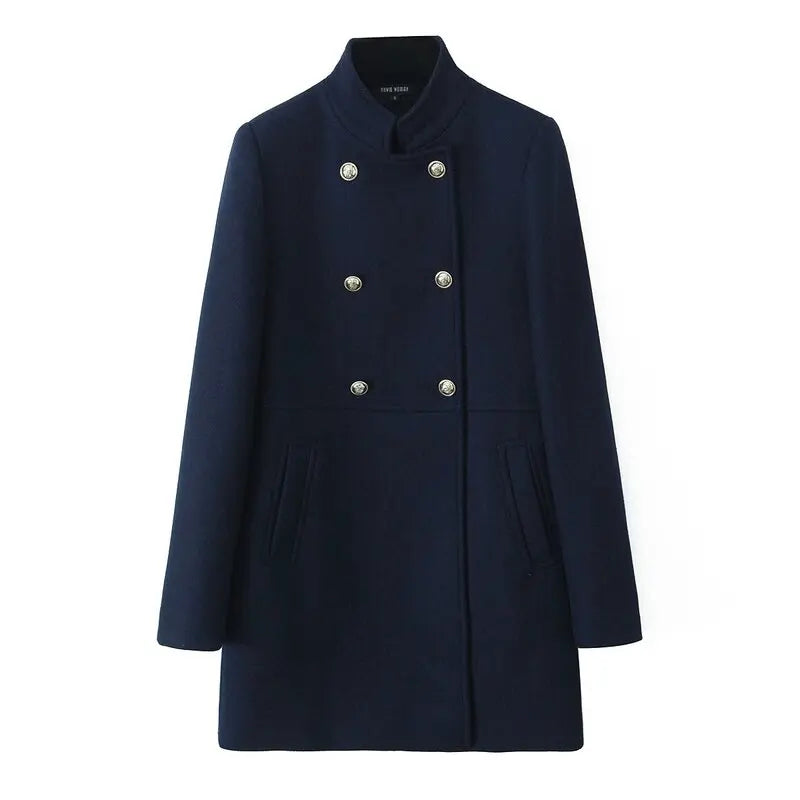 Lunara Winter™ Double-Breasted Stand Collar Wool Coat