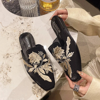 Solenne Shoes™ Embroidered Flower Flat Mules