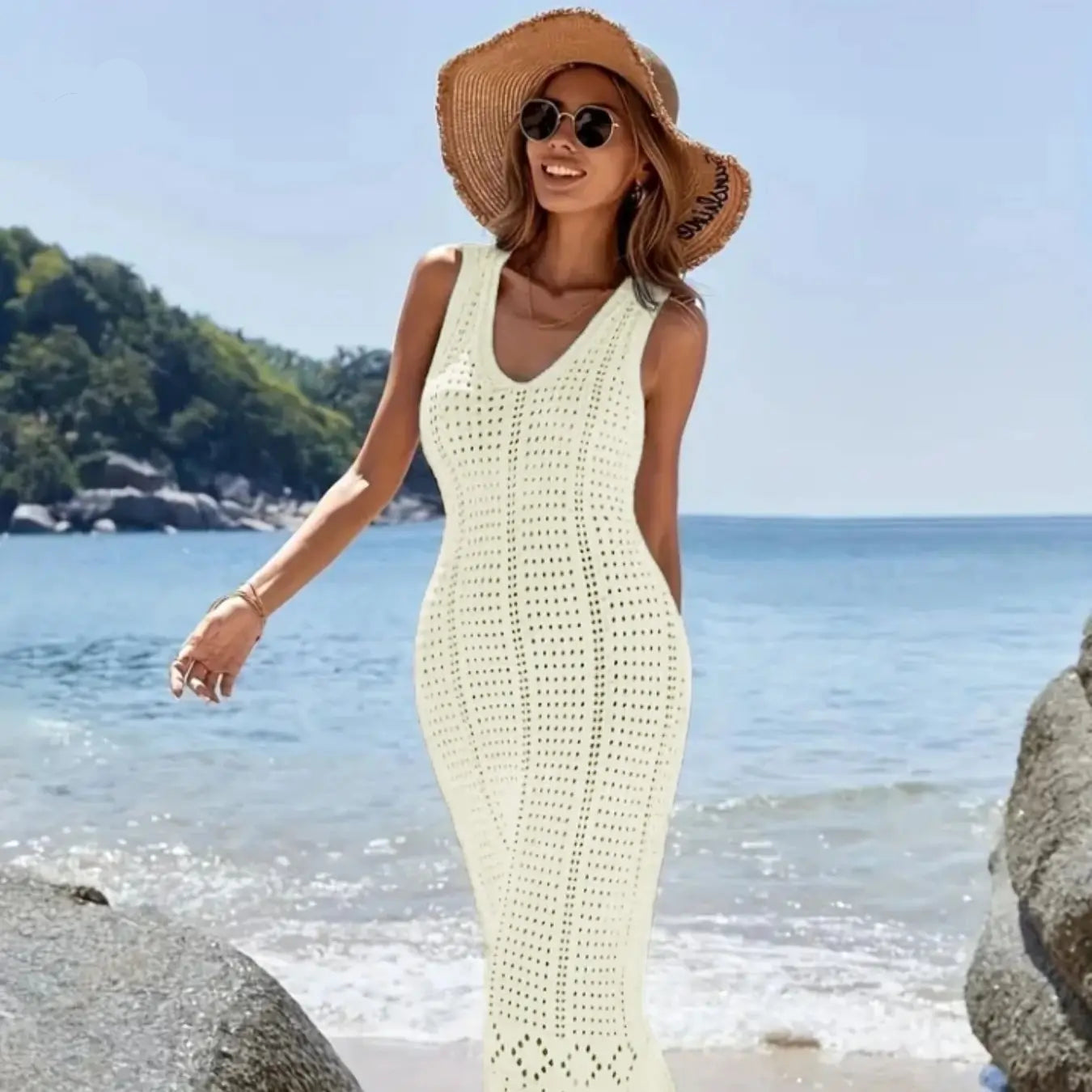 Robe longue en crochet SeaLure™ Muse ivoire