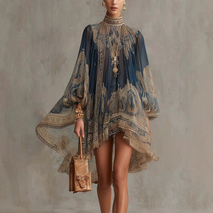 Amoura Dresses™ Turtleneck Printed Chiffon Boho Dress