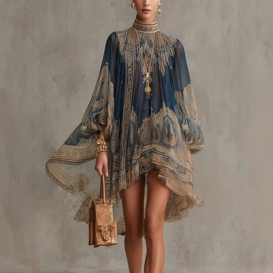 Amoura Dresses™ Turtleneck Printed Chiffon Boho Dress