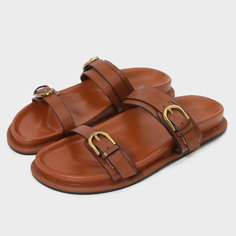 Solenne Shoes™ Sandales plates en cuir à double boucle