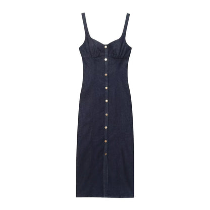 Amoura Dresses™ Strap Button Denim Dress