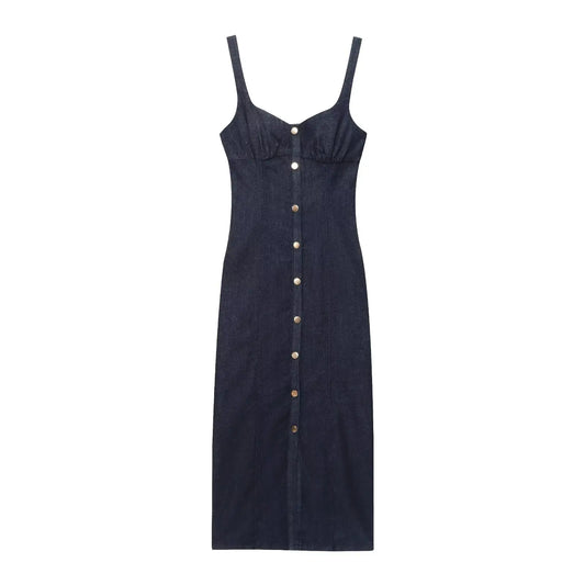 Amoura Dresses™ Strap Button Denim Dress