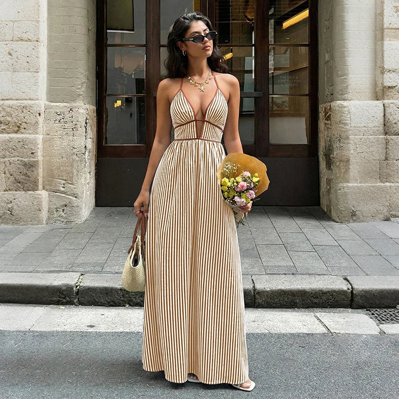 Amoura Dresses™ Deep V-Neck Striped Beach Dress