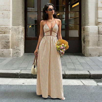 Amoura Dresses™ Deep V-Neck Striped Beach Dress