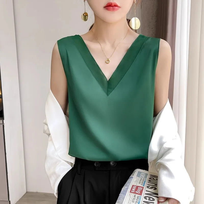 Satin Éclat™ Silk Halter V-Neck Blouse