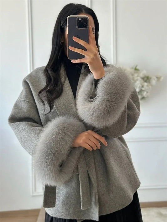Lunara Winter™ Fox Fur Wool Overcoat for Women