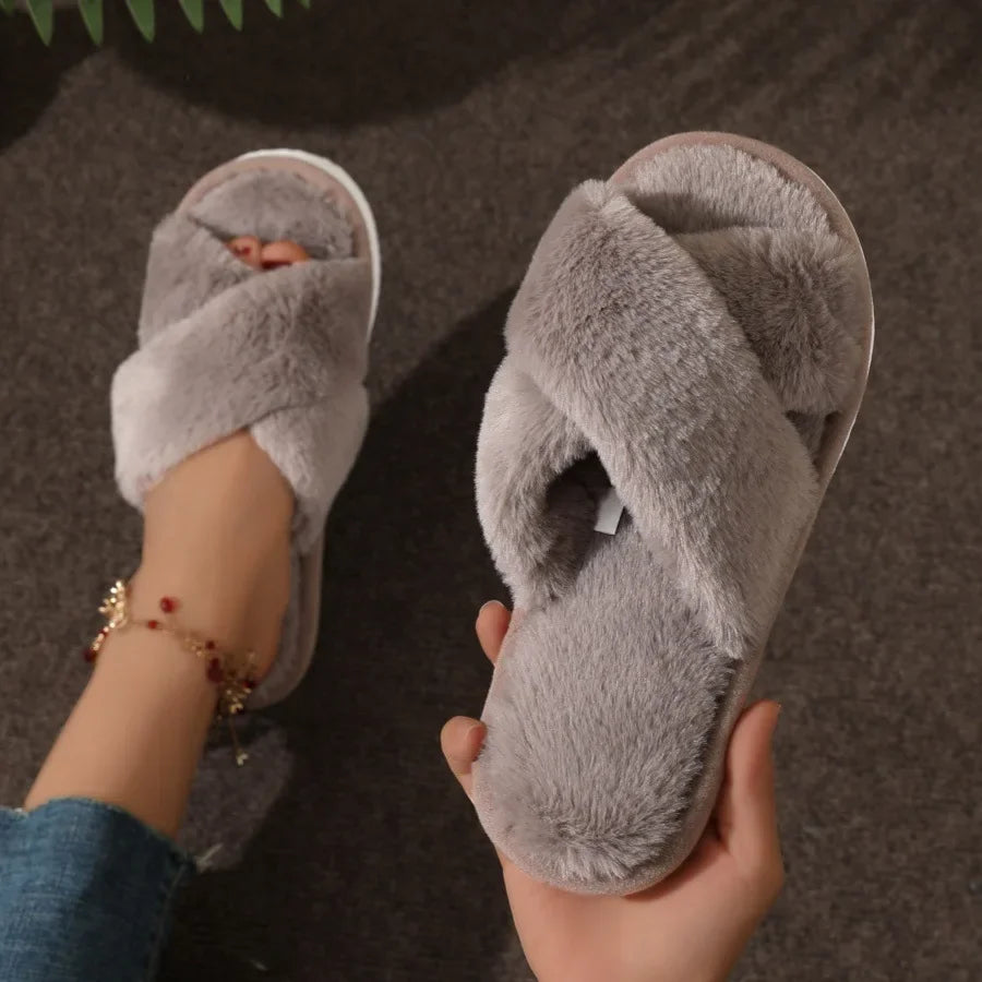 Lunara Winter™ Cross Strap Fur Slippers