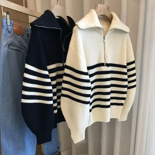 Lunara Winter™ Vintage Striped Half Zip Sweater