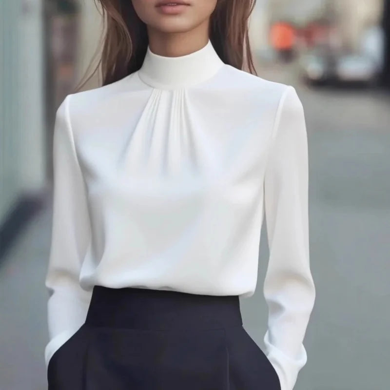 Satin Éclat™ High Neck Pleated Long Sleeve Blouse
