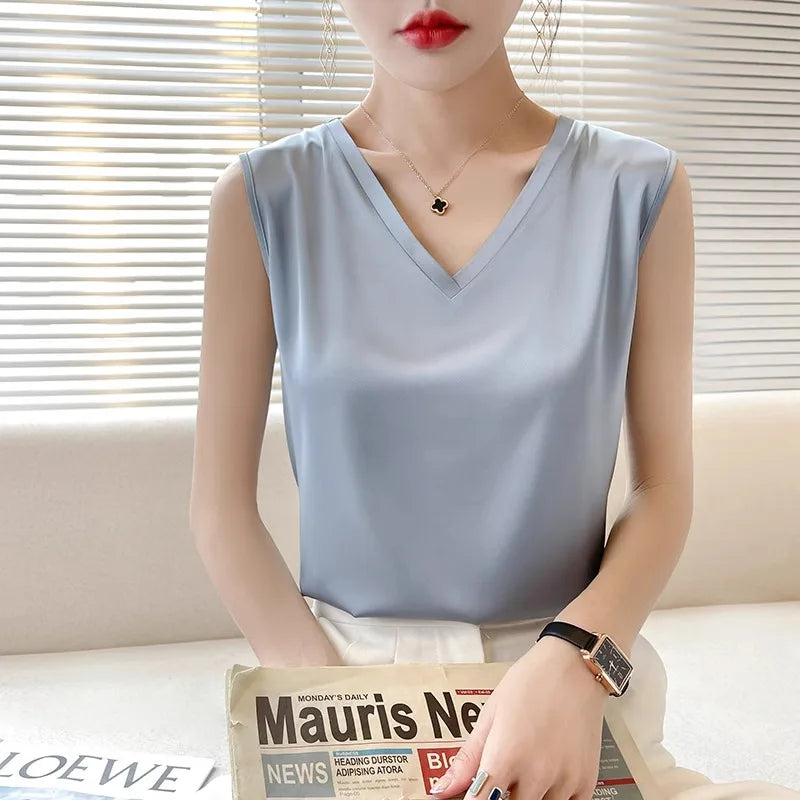 Satin Éclat™ Silk Halter V-Neck Blouse