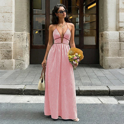 Amoura Dresses™ Deep V-Neck Striped Beach Dress