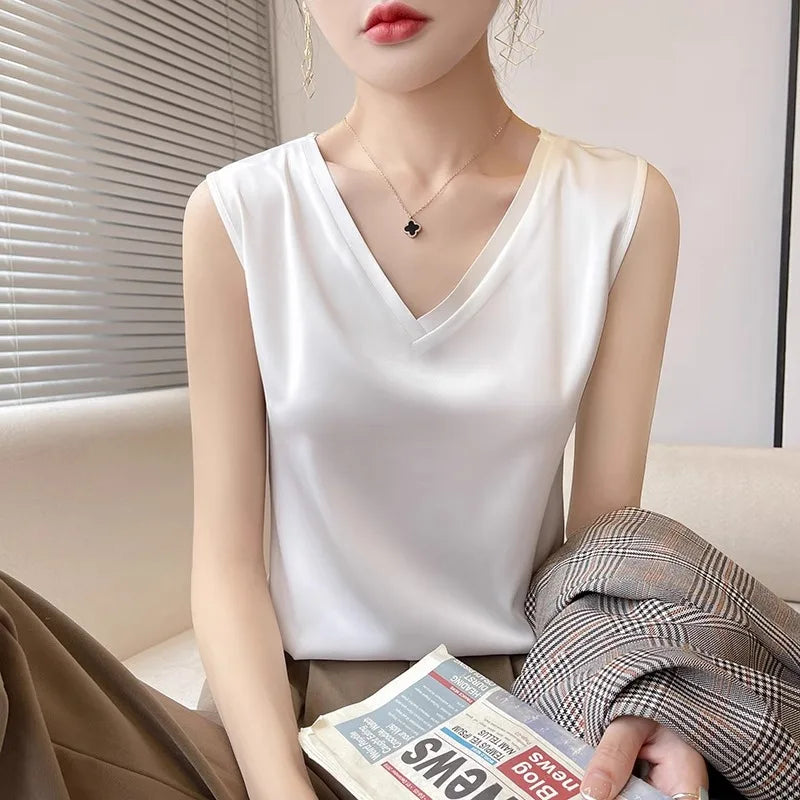 Satin Éclat™ Silk Halter V-Neck Blouse