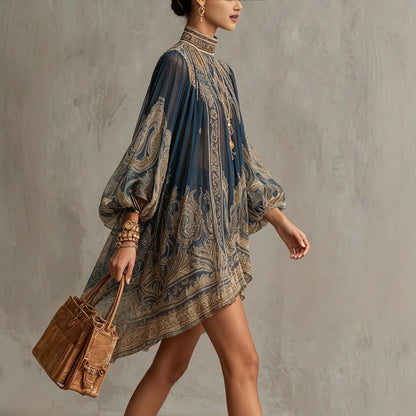 Amoura Dresses™ Turtleneck Printed Chiffon Boho Dress